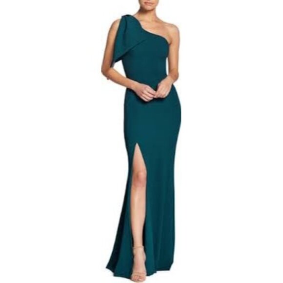 Dress The Population One-Shoulder Medium Forest Green Maxi Dress Polyester Blend - Picture 1 of 14